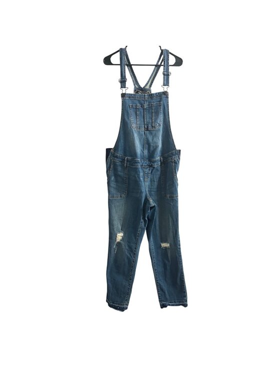Indigo Blue Denim - Indigo Blue 90's Style Distressed Navy Denim Y2K Dungarees Streetwear Overalls L